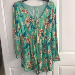 Mint green long sleeve floral romper